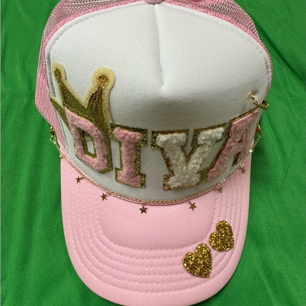 Ladies hand decorated truckers hat.